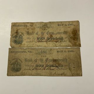 1861 Richmond Virgina Bank Of The Commonwealth 2 $1 Obsolete Currency