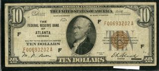 Us Paper Money 1929 $10 Atlanta National Banknote