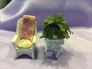 Miniature Dollhouse Metal Wicker Chair And Table