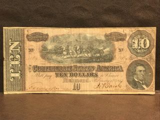1864 $10 Csa Confederate States Of America Note 7 Series App - Vf Small Tear