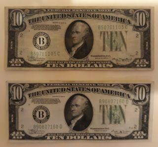 1934a And 1934b $10 Ten Dollars Us Federal Reserve Note Green Seal Set Of Two
