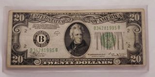 1934 - B Series Us $20 Twenty Dollar Bill Green Seal Federal Reserve Note York
