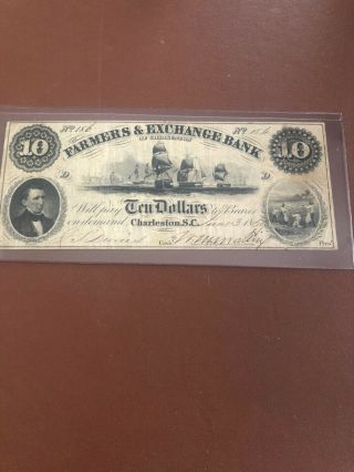 Farmers And Exchange Bank Charleston,  Sc $10 Note S/n 186