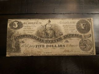 - T - 36 - 1861 $5 Confederate Currency First Year Civil War Era - Vf