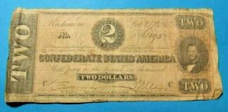 1864 Confederate States Of America 2 Dollar Note - Obsolete Confederate Currency