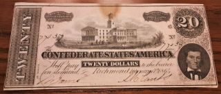 1864 U.  S.  Confederate $20 Dollar Bill Paper Note Unc