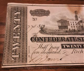 1864 U.  S.  CONFEDERATE $20 DOLLAR Bill Paper Note UNC 2