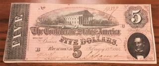 1864 U.  S.  Confederate $5 Dollar Bill Paper Note Unc