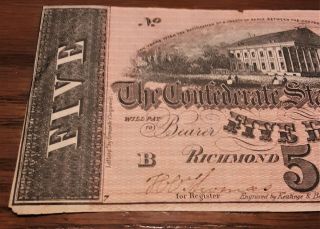 1864 U.  S.  CONFEDERATE $5 DOLLAR Bill Paper Note UNC 2
