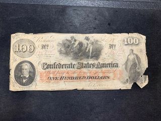 1862 $100 One Hundred Dollars Confederate States Of America.  " Hoer "