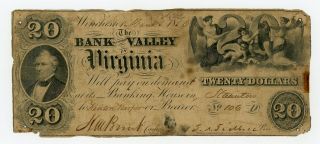 1856 $20 The Bank Of The Valley In Virginia Note (staunton Branch) -