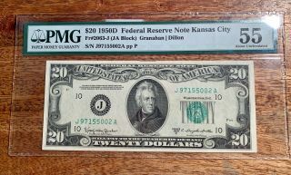 1950 - D $20 Federal Reserve Note Kansas City Pcgs Au 55,  Starts At Face