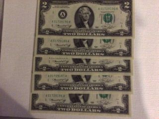 (5) Consecutive Serial 1976 $2 Two Dollar Bill Boston