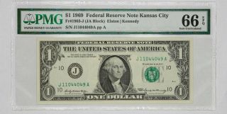 1969 $1 Federal Reserve Note Kansas City Pmg Cert Gem Unc 66 Epq Ja Block (049a)