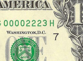 2013 $1 Low Fancy Serial Number 2223 Fed Note Crisp Unc Currency Dollar Bill