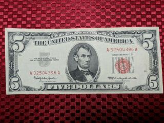 1963 U.  S.  $5 Dollar Bill Note Red Seal Uncirculated S/h