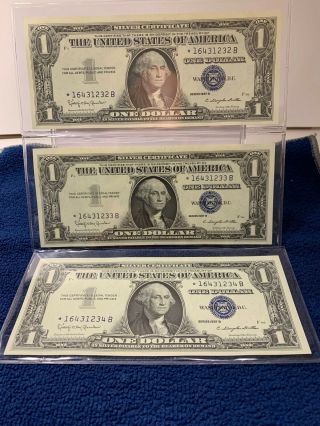 1957b Star Notes 3 Consecutive Numbers $1.  00 Silver Certificates Blue Seal
