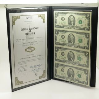 Official Certificate Of Ownership U.  S.  Government Issued Uncut Sheet Of $2 Bills