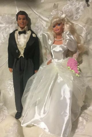 Vintage Gorgeous Rose Bride Barbie & Groom Tails Tux Wedding Dolls Ken Doll