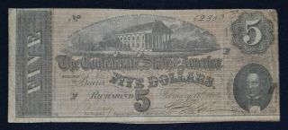1864 Confederate States Of America $5 Five Dollar Note Series 3 52350