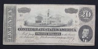Confederate States Of America $20 Bill,  Very Fine Cond,  Type 67,  Very Pale Pink