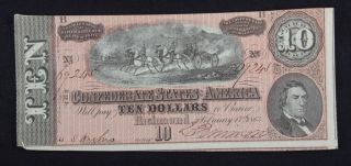 Confederate States Of America $10 Bill,  Very Fine,  Type 68,  Light Red