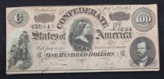 Confederate States Of America $100 Bill,  Very Fine,  Type 65,  Lt Pink