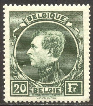 Belgium 213 - 1929 20fr Dark Green ($100)