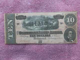 1864 $10 T - 68 Confederate Currency Csa Civil War Note Circulated