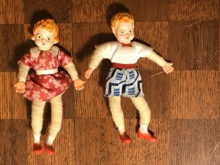 Vintage Dollhouse Boy And Girl Miniatures Posable Dolls 3.  25”