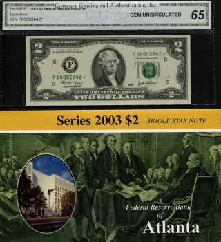 Tt Fr 1937 - F 2003 $2 Frn Atlanta Fw Star Note F00002942 Gem W/ Bep Folder