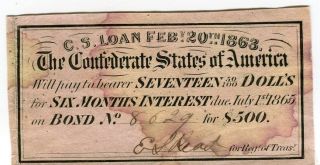 1863 Csa Confederate States Of America Loan $500 Bond Due July 1st 1865