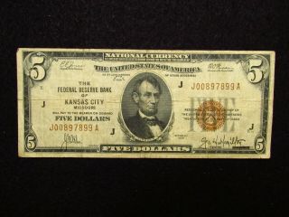 1929 $5 Federal Reserve Bank Of Kansas City Missouri National Currency