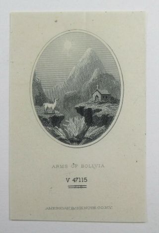 Abn Proof Vignette " Arms Of Bolivia " 1860 - 80s Intaglio Cu Black Abnc