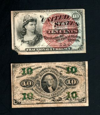 2 Worn Civil War Era Fractional Currency Notes