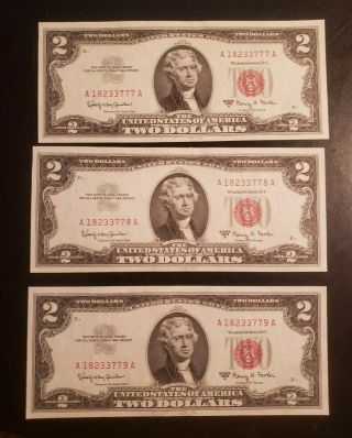 1953 Three Consecutive Red Seal 1953 $2 Bills,  Crisp,  Uncirculated