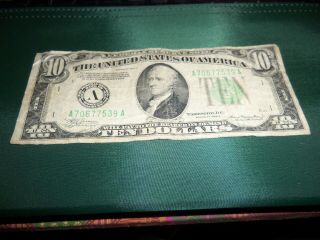 1934 A Ten Dollars Usa Federal Reserve Note Bill Currency Green Seal Boston,  Ma