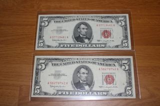 2 - 1963 - Five Dollar Bill United States Notes - Red Seal