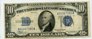 1934 $10 Ten Dollar Silver Certificate Blue Seal " Aa Block " Circulated 7386a
