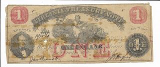 $1 Virginia Treasury Note Richmond Red Jul 21,  1862 Cr17 Milk Maid 191029