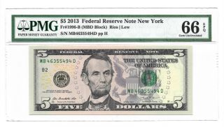 2013 $5 York Frn,  Pmg Gem Uncirculated 66 Epq Banknote