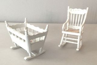 Melissa & Doug Wooden Doll House Furniture White Rocking Chair And Baby Cradle