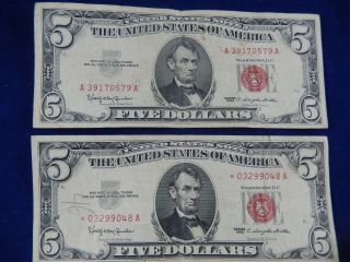2 - Series 1963 A Five Dollar Bill Red Seal United States Currency