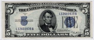 1934 B Series $5 Silver Certificate,  Large Blue Seal,  Old Money Au