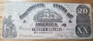 Confederate Series 1861 Twenty Dollar $20 Banknote 1122 - 3 3