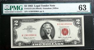 $2 1963 (aa Block) Legal Tender Red Seal Pmg 63 Uncirculated Fr 1513