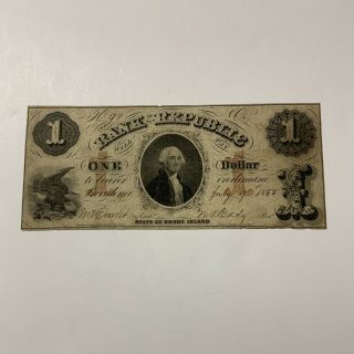 1855 Rhode Island $1 Obsolete Currency Bank Of The Republic State Of Ri