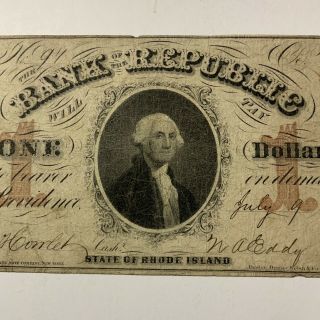 1855 Rhode Island $1 Obsolete Currency BANK OF THE REPUBLIC State of RI 2