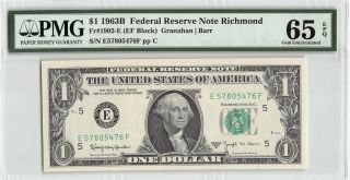 United States 1963b Fr.  1902 - E Pmg Gem Unc 65 Epq 1 Dollar Frn Richmond (barr)