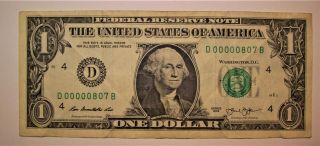 Low Serial Number (00000807) 1 Dollar Federal Reserve Note